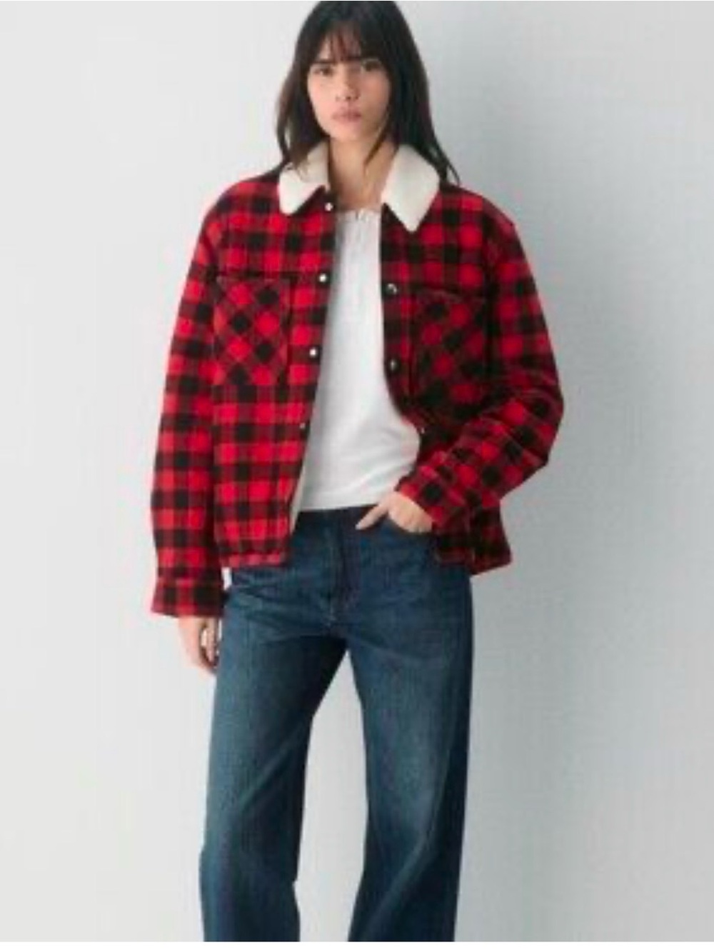 Sezane Red & Black Buffalo Plaid Teddy Jacket with Cream Sherpa Collar